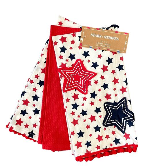 STARS & STRIPES Set of 3 USA Pom Pom 100% Cotton Kitchen Tea Towels 20x28 NEW - Picture 1 of 12